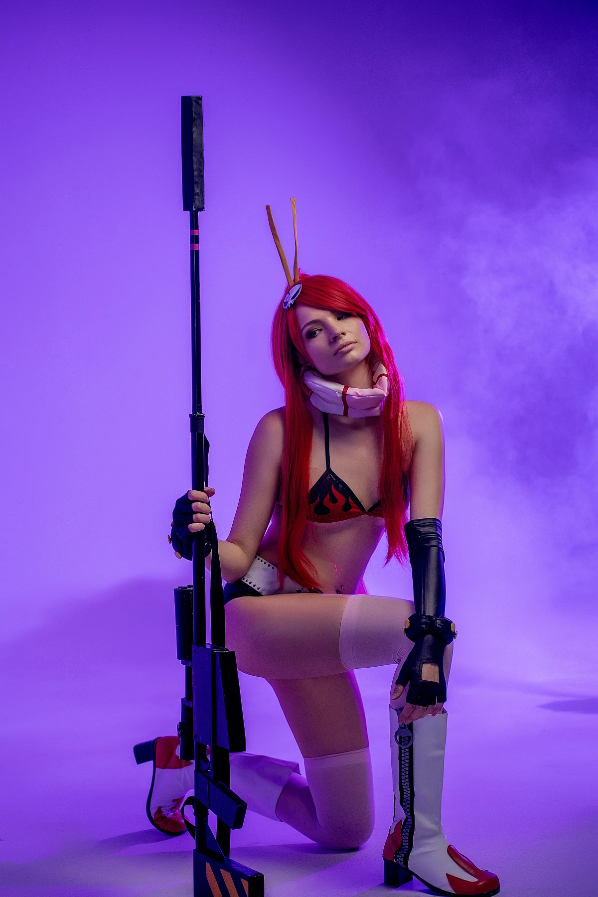Anime bikini cosplay girl kneeling with rifle, red hair, neon purple smoke studio, confident pose, cinematic lighting